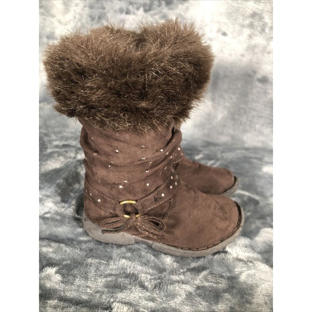 Piper Girls Boots Brown Bling Faux Fur Tops Size 7 - Picture 8 of 12